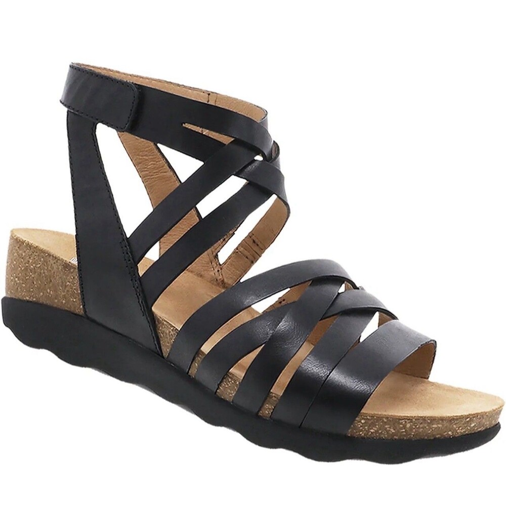 Dansko Mirabella Sandals Black Leather Strappy Wedge Heel Women's 37 US 6.5 7